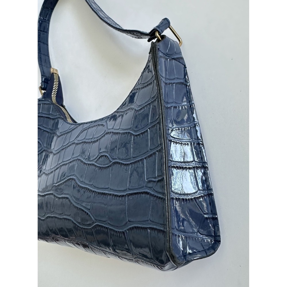 Y2K Navy Blue Croc Embossed Patent Faux Leather Shoulder Bag Going Out Party - Picture 7 of 12